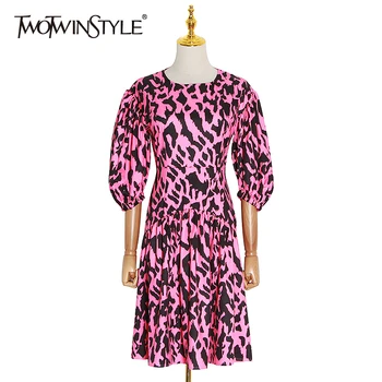 TWOTWINSTYLE Sexy Kleita Leopards Sieviešu O Kakla Laternu Trīs Ceturtdaļu Piedurknēm Augsts Viduklis Kleitas Sieviešu Modes Apģērbu 2020 Jaunas