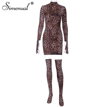 Simenual Hot Sexy Leopard Sieviešu Mini Kleita Ar Cimdiem, Un Ganāmpulka Puse Clubwear Modes Garām Piedurknēm Bodycon Kleitas Izdilis