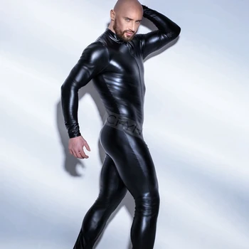 Plus M-4XL Spēcīgi Vīrieši Melnās PVC, Āda, Latekss Bodysuit Top PU Sexy Zentai Catsuit Geju Vīriešu Leotard Atvērt Kājstarpes Rāvējslēdzēju Jumpsuit