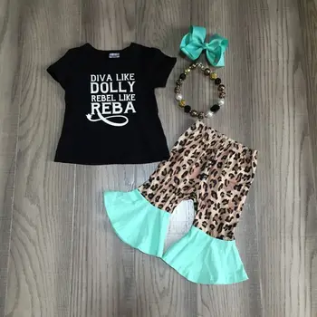 Baby Girl meiteņu vasaras kapri tērpiem meitene, melns krekls meitene leopard bell grunts bikses meitene leopard set ar piederumiem