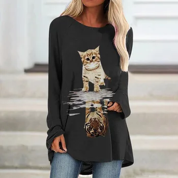 #R40 3D Kaķis Drukāt Sieviešu Krekls Topi Brīvs Gadījuma O Apkakli, garām Piedurknēm Blūzes Sieviešu Rudens Ziemas Tunika Plus Lieluma Sieviešu Apģērbu