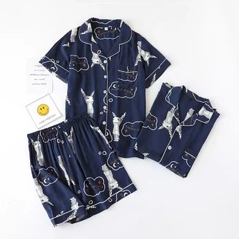 Japāņu vienkāršu īsu pidžamas sievietes kokvilnas, ar īsām piedurknēm dāmas pajama komplekti bikses Cute karikatūra sleepwear sieviešu homewear