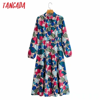 Tangada 2020 Rudens Modes Sieviešu Ziedi Drukāt Krekls, Kleita ar garām Piedurknēm Biroja Dāmas Midi Kleita Ar Slīpsvītru 2F157