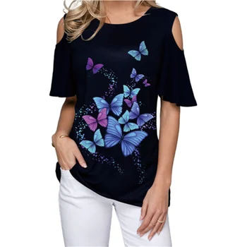 2020. gada Vasaras Tshirt Sievietes Pie Pleca Butterfly 3D Druka T Kreklu Gadījuma Īsām Piedurknēm Topi Brīvs Plus Izmērs S-5XL Modes Apģērbi