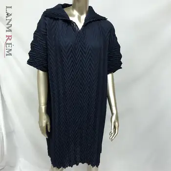 LANMREM 2021. gada rudenī, Atloks, vienkrāsainu Kroku Kleita Sievietēm Vintage Zaudēt Liela Izmēra Sexy Īsām Piedurknēm Apģērbs Jūra PD872