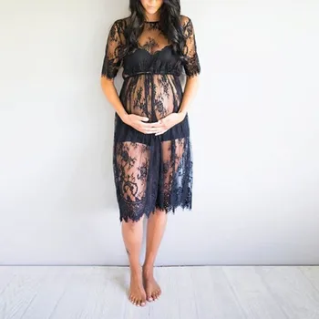 Modes Maternitātes Kleita Sieviešu Black Īsām Piedurknēm Sexy O-veida Kakla Mežģīnes Foto Atvašu платье Grūtniecības Vasaras Ikdienas Apģērbu