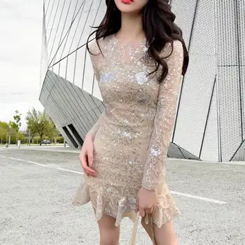Cakucool Jaunu high-end dizainers garām piedurknēm aprikožu sequined pērle frēzēšana izšuvumi kleita slim puse sexy slim vestido kleitas