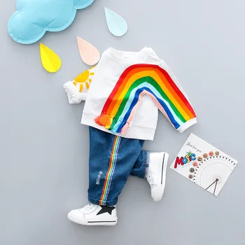 Zēnu un meiteņu komplekts rainbow modelis baby uzvalks korejiešu bērnu apģērbu kokvilnas bērnu uzvalks 2019. gadā-pavasarī un rudenī