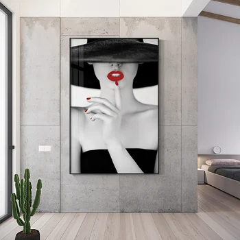Modes Seksīgu Meiteni ar Sarkano Lūpu un Klp Kanvas Glezna Krāsains un Melnā un Baltā Stils Sienas, Attēlus Dzīvojamās Istabas Sienas Māksla