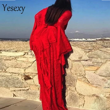Yesexy ir 2021. Sievietes Sexy Vasaras garām Piedurknēm, Augsta Sadalīt Mežģīnes Dobi No tīrtoņa Krāsu Elegantu Maxi Kleitu VR8754