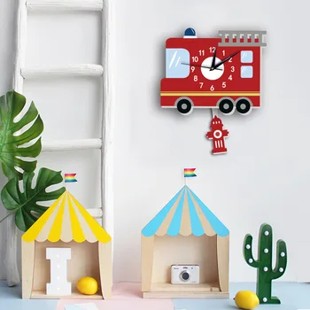 Karikatūra Šūpoles Sienas Pulkstenis Fire Truck Modelis Kvarca Kustība Home Decoration Dzīvojamā Istaba