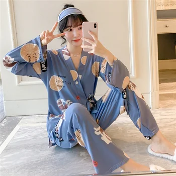 2020 Rudens Ziemas Pidžamas Komplekti Kimono Siksnas Stila Sieviete Pilna Elegants Mājas Sleepwear Apģērbs Sieviešu Pidžamas Komplekts ar Eye-plāksteris