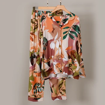 Ziedi Iespiestas Divas Gabals Sieviešu Pidžamas Ar Garām Piedurknēm Elastīgās Bikses Sieviešu Ikdienas Homewear 2020 Rudens Modes Dāmas Sleepwear