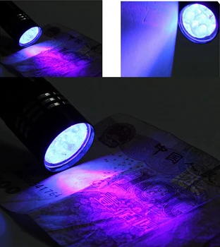 100pcs/daudz Mini Portatīvo Alumīnija UV Ultra-Violet Blacklight 9 LED UV Lukturīti Lāpu Gaismas Lampas