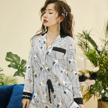 Dzenis Drukāšanas Zīda Pidžamu Sieviešu Satīna Pyjama Femme Sleepwear Long Sleeve Naktsveļu Uzvalks Mājās Jaunu 2020. Gadam Pijama Mujer