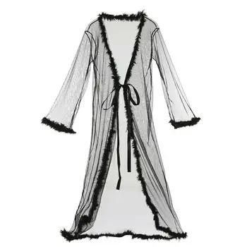 Sieviešu Mežģīņu Acu Spalvu Raibs Sleepwear Halāti, Seksīga Apakšveļa Naktsveļu Babydoll Sleepwear Tērpu Lady Vaļīgas Drēbes Ar Garām Piedurknēm
