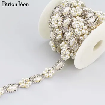 1 pagalmā pērļu ziedu rhinestone apdares apšuvuma zelts, sudrabs flatback kristāla pērle dekoratīvas ķēdes apģērba piederumi ML090