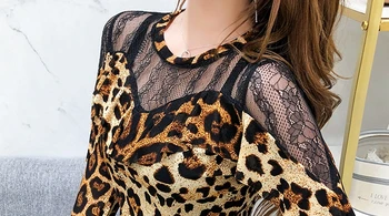 Fall Winter Eiropas Drēbes, T-kreklu Ruffles Sexy Leopards Drukāt Raibs Mežģīnes Sieviešu Topi Ropa Mujer garām Piedurknēm Tees T08644L