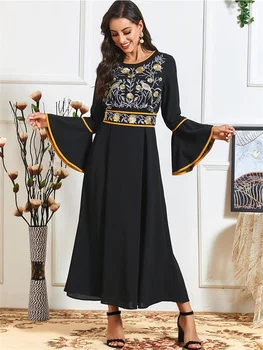 Siskakia Etniskā Ziedu Izšuvumu Maxi Kleita Sievietēm Melnās Plus Lieluma O Apkakli, garām Piedurknēm Musulmaņu Turcija arābu Drēbes Rudenī 2020