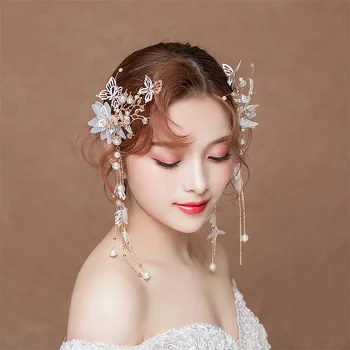 Korejas līgavas tiara ultra-pasaku salds matu stīpas, auskari uzstādīt kāzu matu aksesuāri