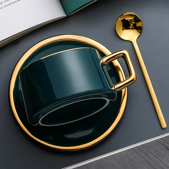 Vienkārši Mūsdienu Keramikas Kafijas Tasi Šķīvītis Karoti Komplekts Zelta Maliņa Metāla Tējas Tase Uzstādīt Vintage Atkārtoti Tazas De Cafe Drinkware EB50BD